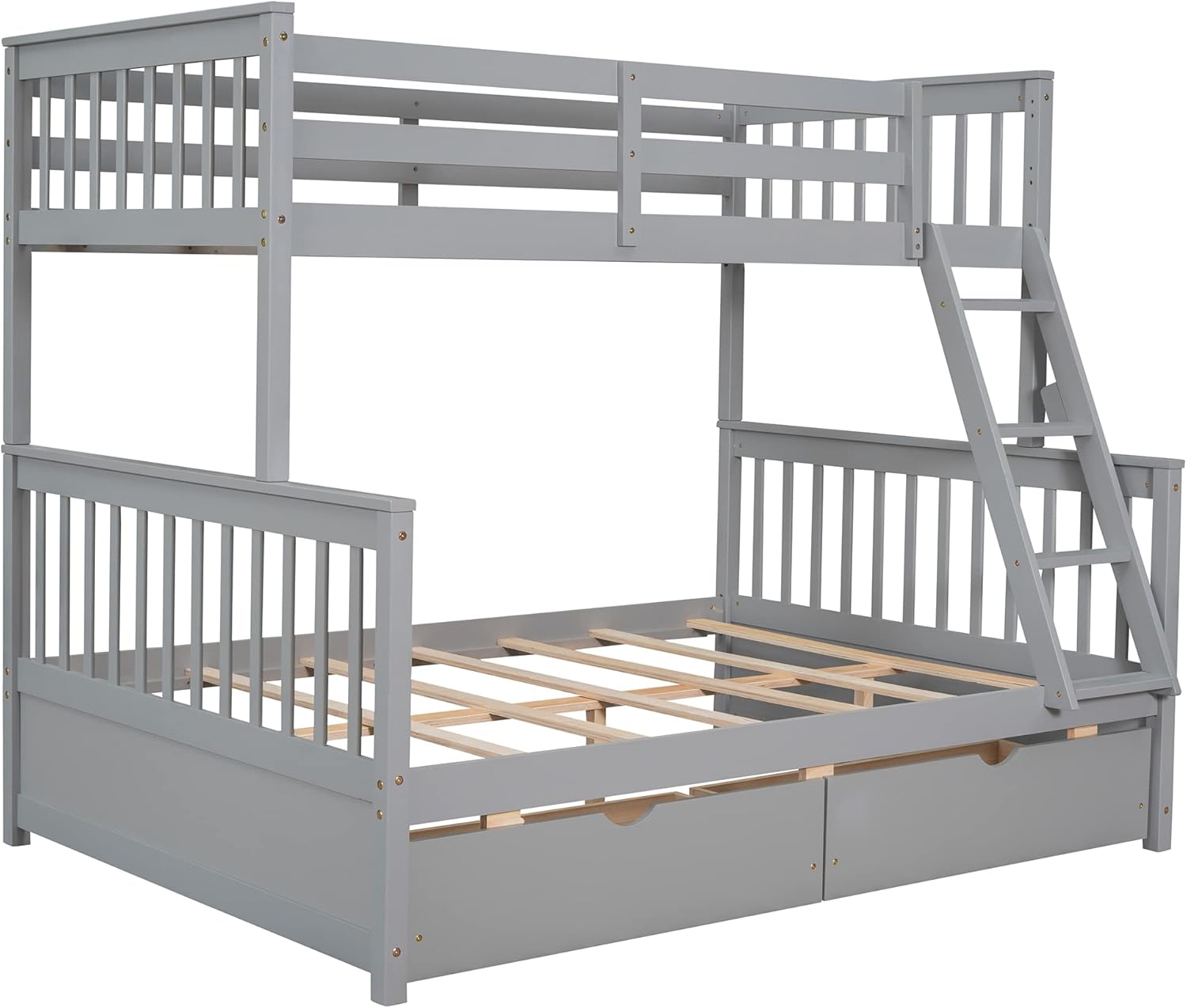 Twin Over Full Bunk Bed with Two Storage Drawers, Solid Wood Bunk Bed Frame Can be Converted Into 2 Separate Beds, Bedroom Furniture Bunk Bed with Ladders for Kids Teens Adults (Gray)