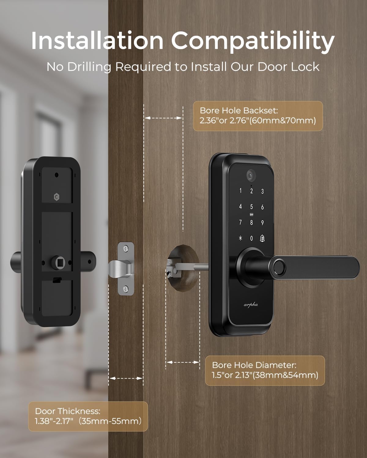 WiFi Video Smart Lock with Camera & Handle - 6-in-1 Keyless Entry (Fingerprint/App/Keypad/FOB/Key), Electric Deadbolt Door Knob for Front, Built-in WiFi, 2-Way Audio, Auto-Lock, Waterproof - Black