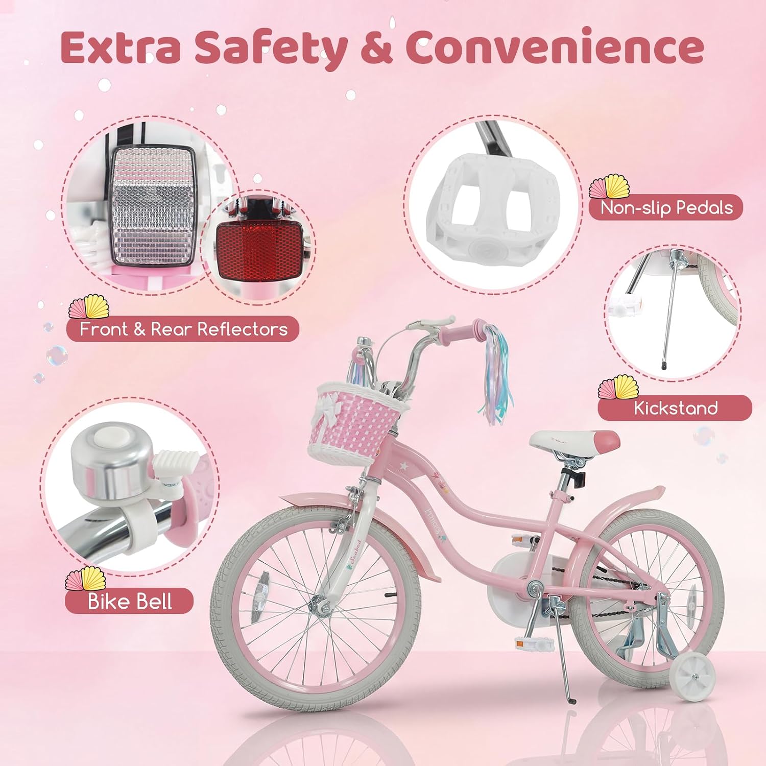 BABY JOY Kids Bike, 12' 14' 16' 18' Mermaid Girls Bike for 3-8 Years Old w/Basket, Training Wheels, Hand & Coaster Brakes, Adjustable Seat & Handlebar, 20' Children Bicycle with Kickstand for 8+