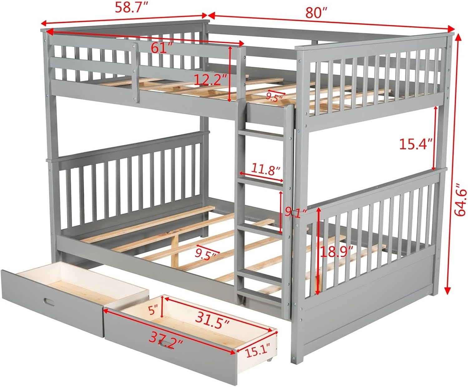 Bed Frames for Kids, Grey Bedding Set Full Over Full with 2 Drawers Ladder and Rail Guard Solid Wood Slats Bunk Bed for Boys and Girls Bedroom