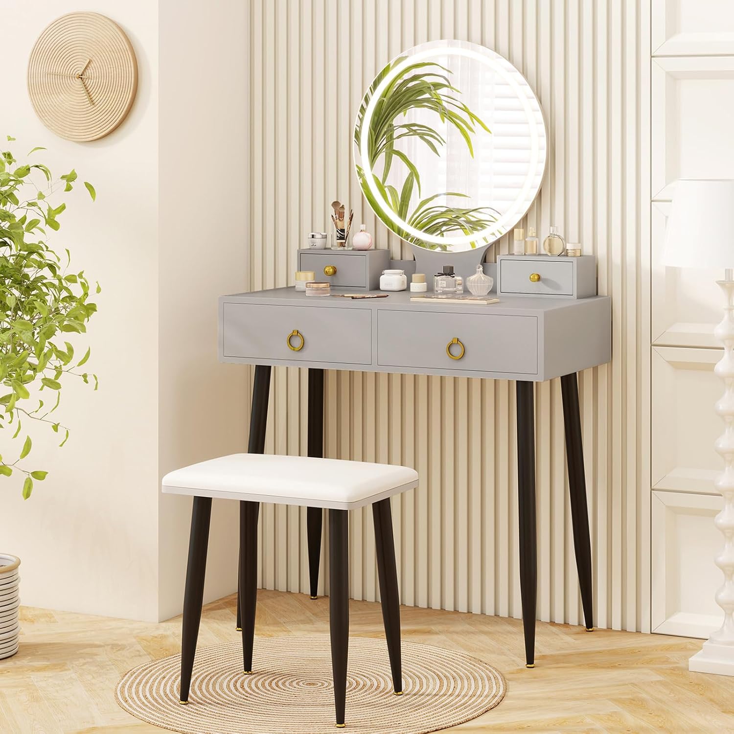 CHARMAID Vanity Desk with Mirror and Lights, Makeup Vanity with 4 Storage Drawers, 3 Lighting Modes, Adjustable Brightness, Modern Vanity Dressing Table with Stool for Bedroom, Gray & Black