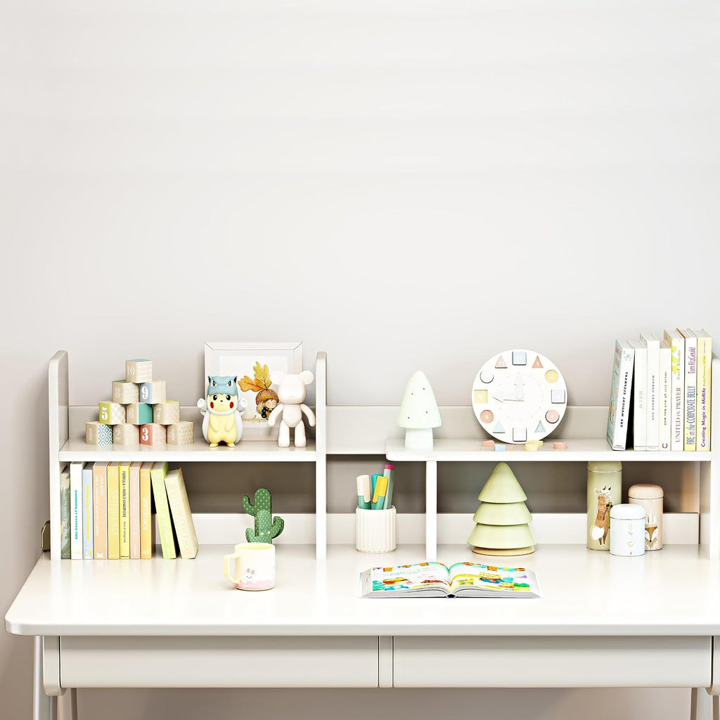 Kids Desk＆Table Rubber Wood Children's Study Desk with Bookshelf and Two Drawers for 3 Years and Above Student's Study Computer Workstation & Writing Table for Home Use(White