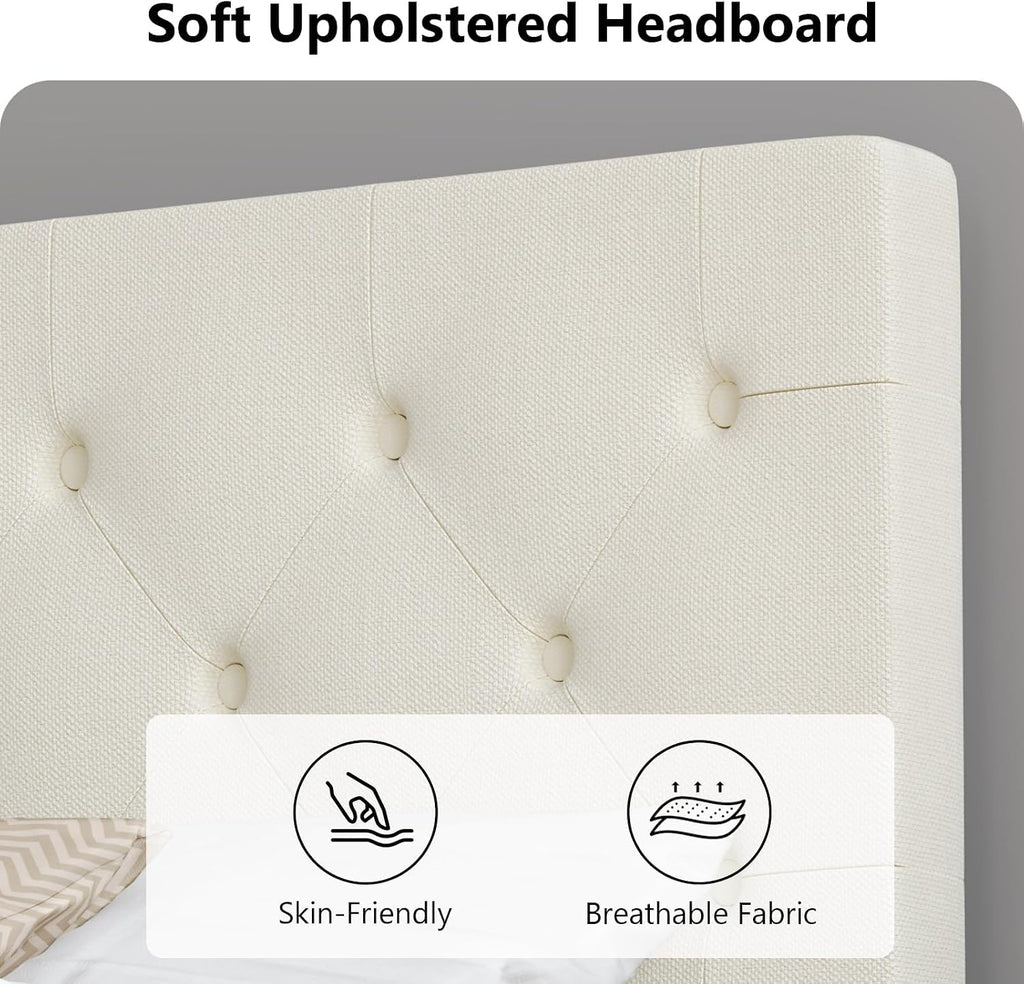 HOMBCK King Size Bed Frame, Linen Fabric Upholstered Bed Frame King Size with Headboard, Wood Slats Support, Button Tufted Design, No Box Spring Needed, Cream