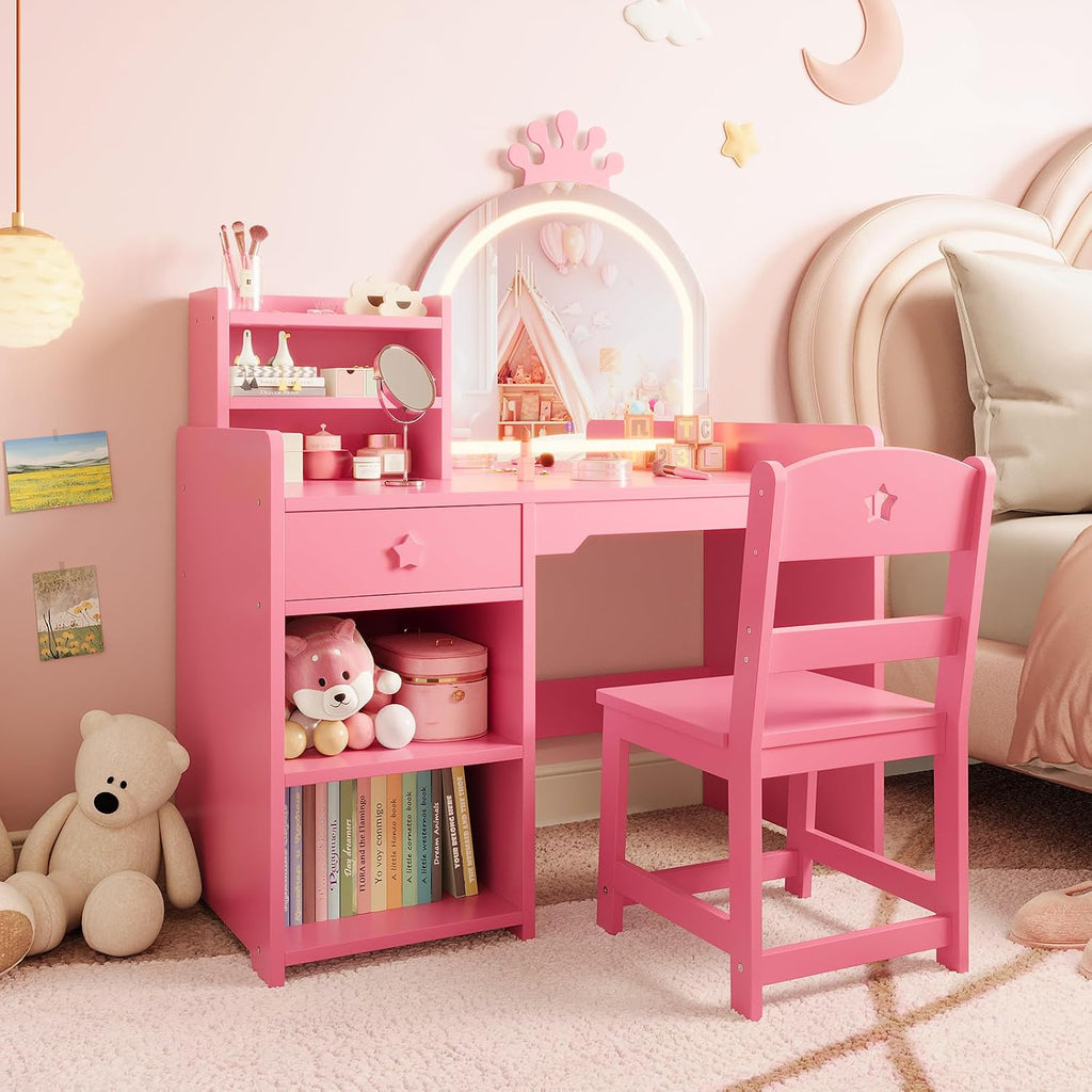 Garvee Kids Vanity with Lighted Mirror, 2 in 1 Princess Vanity Set Toddler Table & Chair Set with Open Bookshelf, Storage Cabinet & Shelves for Little Girls, Pink