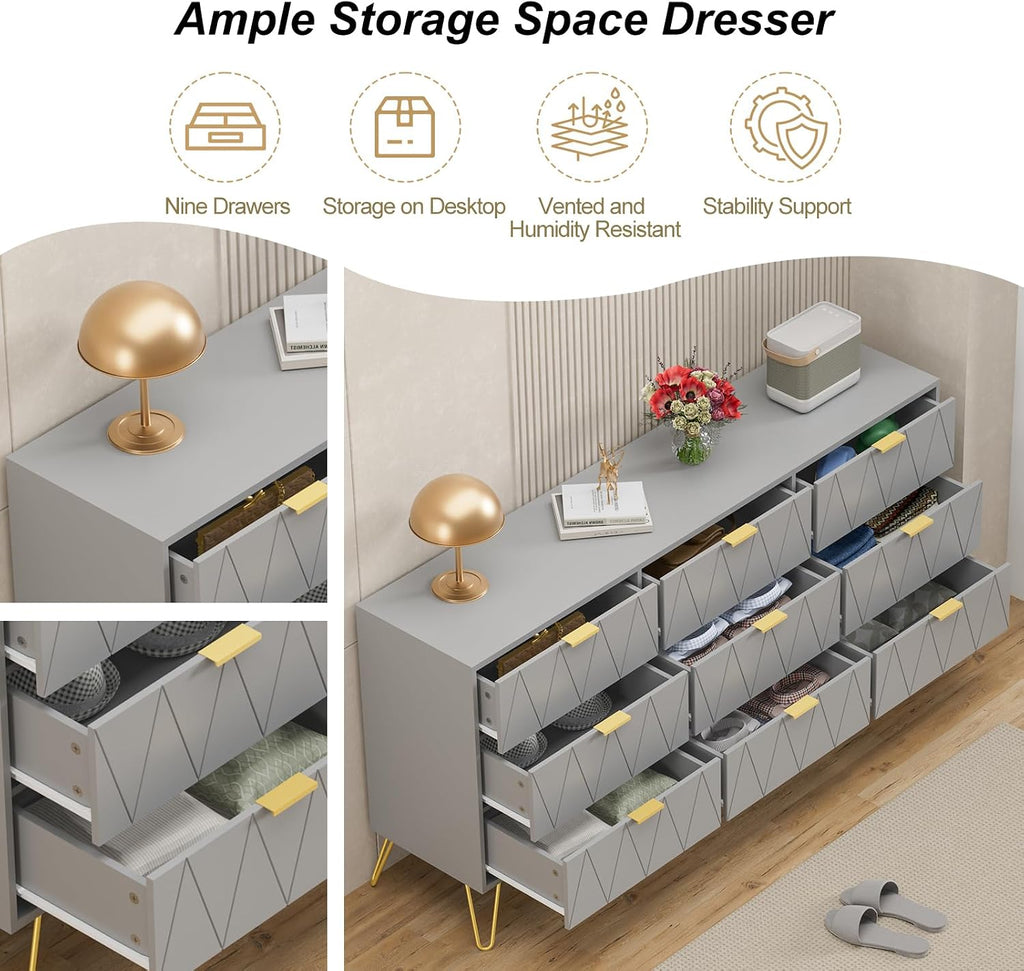 UEV Grey Dresser for Bedroom,Modern 9 Drawer Triple Dresser with Gold Accents,Long Storage Organizer for TV Stand & Closet,Large Chest of Drawers for Living