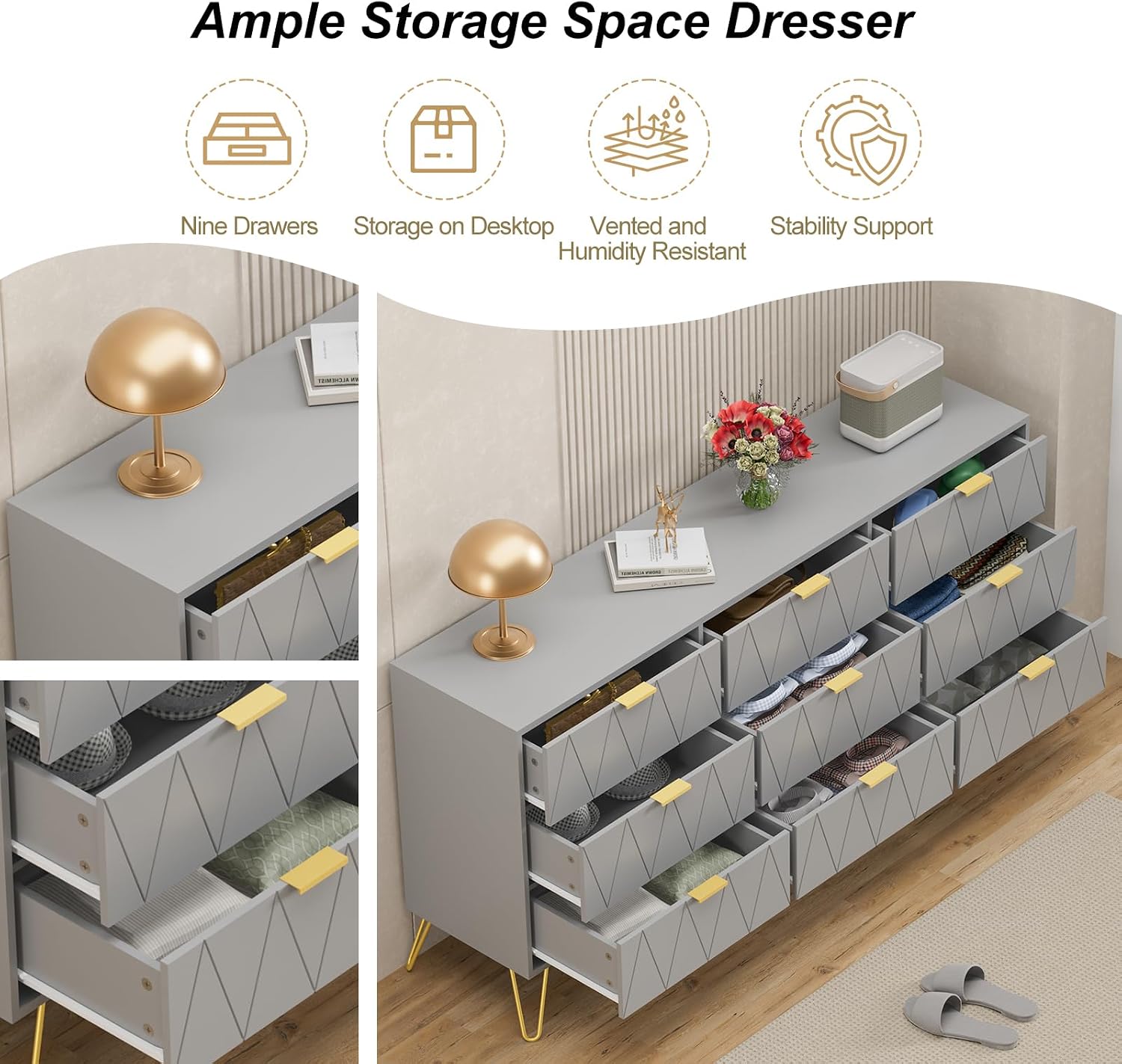 UEV Grey Dresser for Bedroom,Modern 9 Drawer Triple Dresser with Gold Accents,Long Storage Organizer for TV Stand & Closet,Large Chest of Drawers for Living