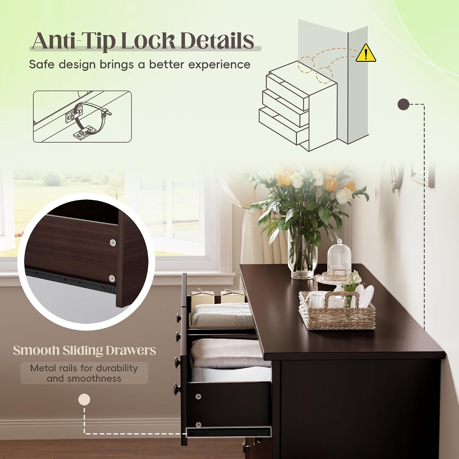 JUMMICO Dresser for Bedroom, 6 Wood Dresser Drawers, Wide Chest of Drawers, Storage Tower Unit, Modern Design for Bedroom, Living Room, Hallway, Entryway (Dark Brown)