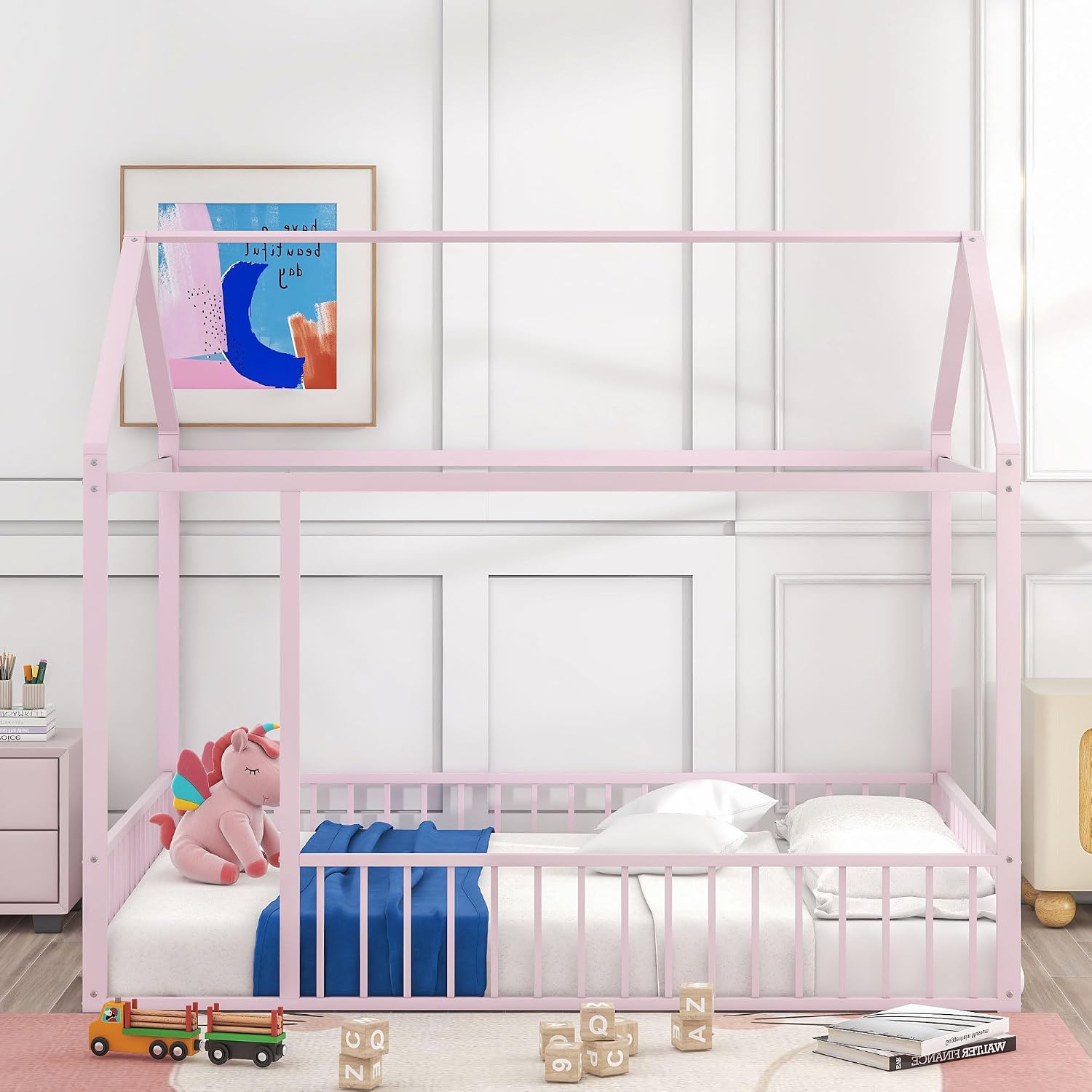 Merax Full Size Metal House Bed Frame with Fence for Kids,Teens,Girls,Boys,Semi-Enclosed Cabin Floor Bed for Bedroom,Pink