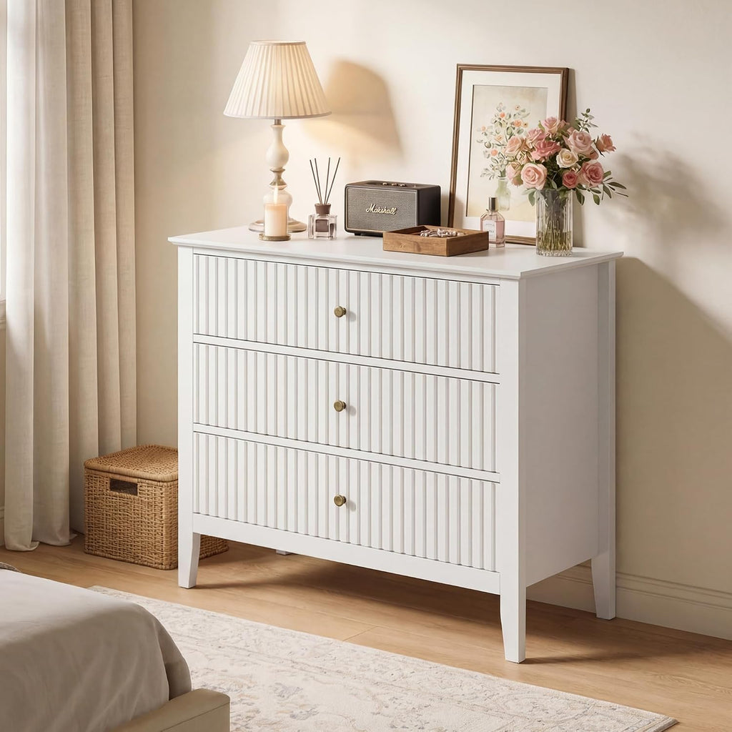 RoyalCraft Large 3 Drawer Dresser Set of 2, Fluted Wood Chest of Drawers with Storage, Modern Painted 30 inch Wide Nightstand for Bedroom Living Room Entryway, White