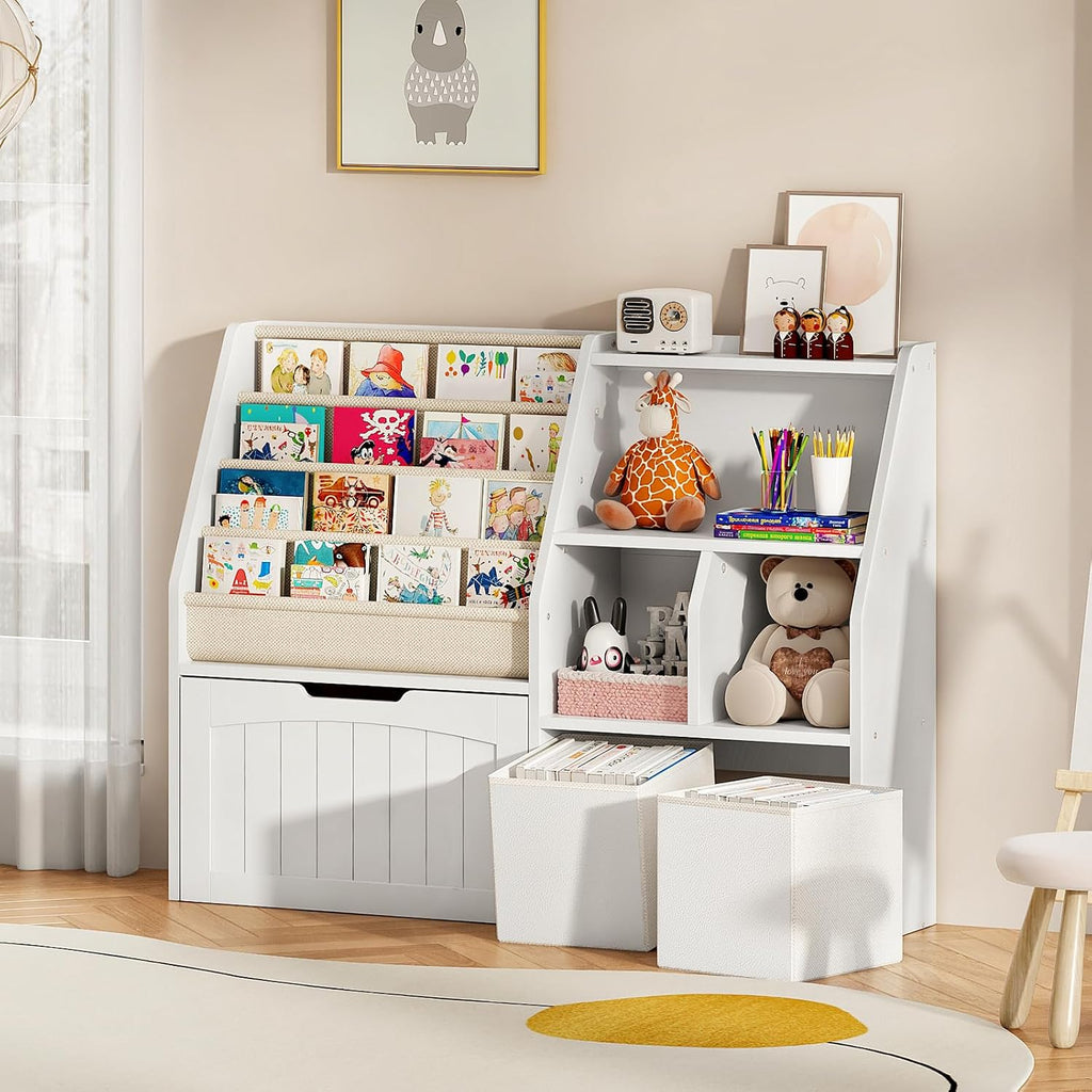 CHOEZON Kids Bookshelf, Children's Bookcase with 4 Sling Book Shelves, Toy Storage Cubby, Fabric Storage Baskets, Wooden Book Shelf for Kids' Room, Playroom, Nursery, Living Rooms, White MCW17WB