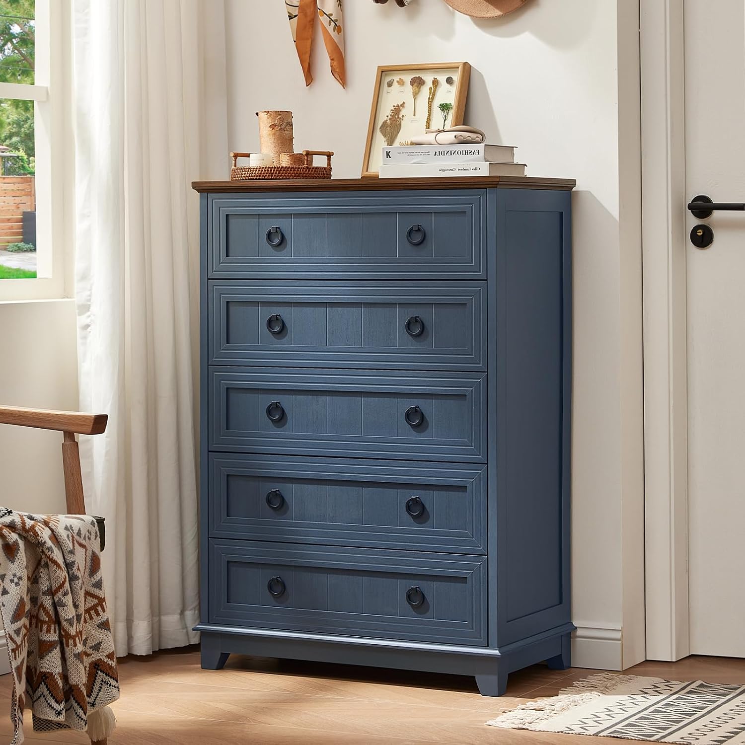 Joaxswe Farmhouse 5 Drawer Dresser for Bedroom Set of 2, 42' Tall Small Dressers & Chest of Drawers, Rustic Wood Dresser with Metal Handle, Storage Organizer Closet for Living Room, Hallway,Entryway