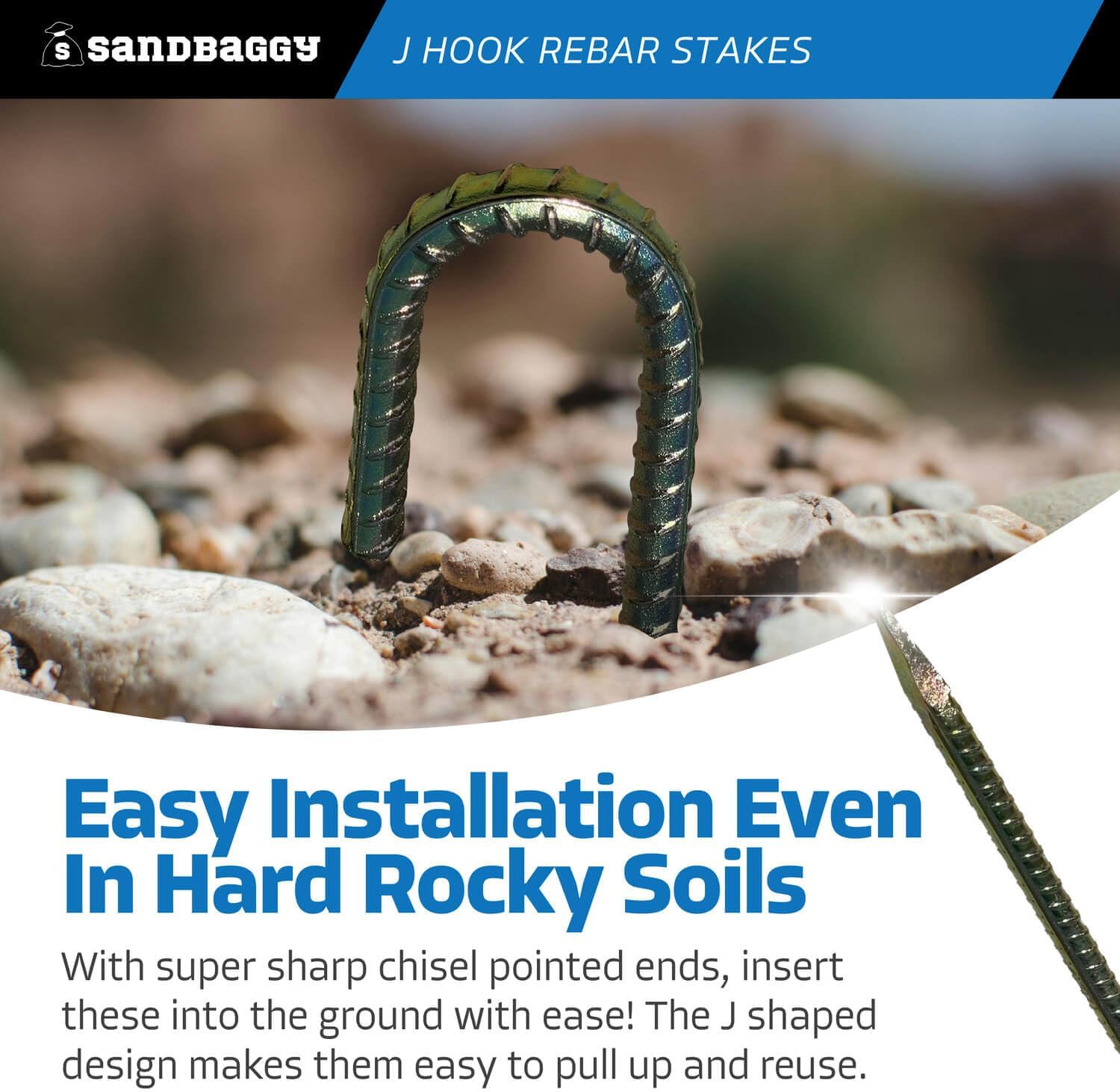 Sandbaggy 24' J Hook Rebar Stakes - 1/2' Diameter (#4 Rebar) - Ground Anchors for Tents, Gardens, Fences, Holiday & Christmas Decorations - Galvanized Steel (J-Shape - 24', 30, Count)
