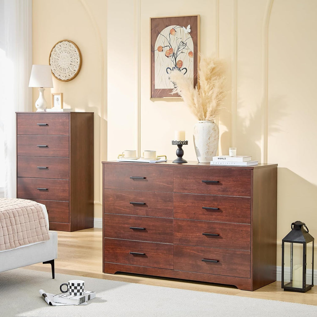 LIDYUK Dark Cherry Dresser for Bedroom, 8 Drawer Dressers & Chests of Drawers, Modern Wood Dresser, 48 Inch Wide Chest of Drawers for Bedroom, Hallway, Living Room