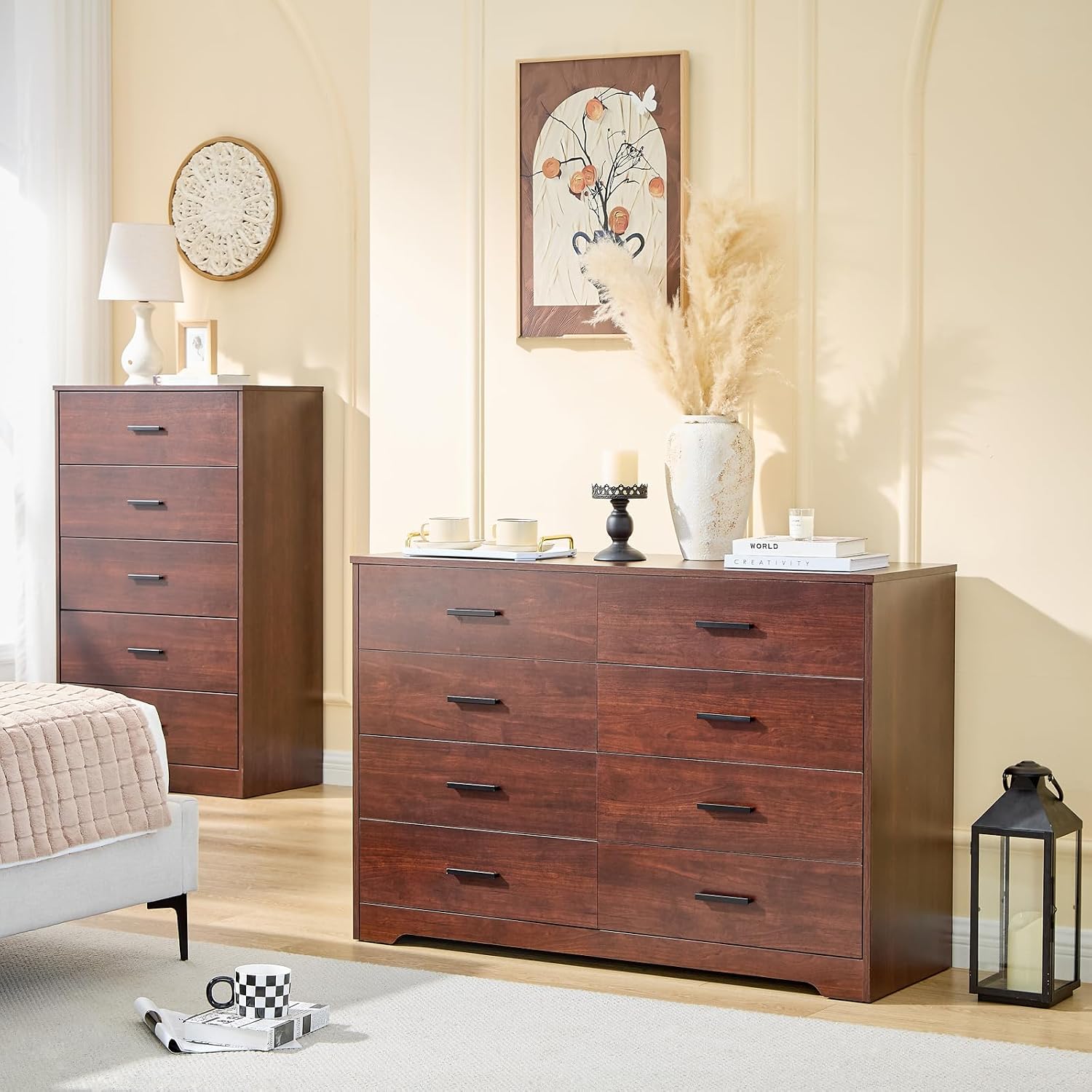 LIDYUK Dark Cherry Dresser for Bedroom, 8 Drawer Dressers & Chests of Drawers, Modern Wood Dresser, 48 Inch Wide Chest of Drawers for Bedroom, Hallway, Living Room