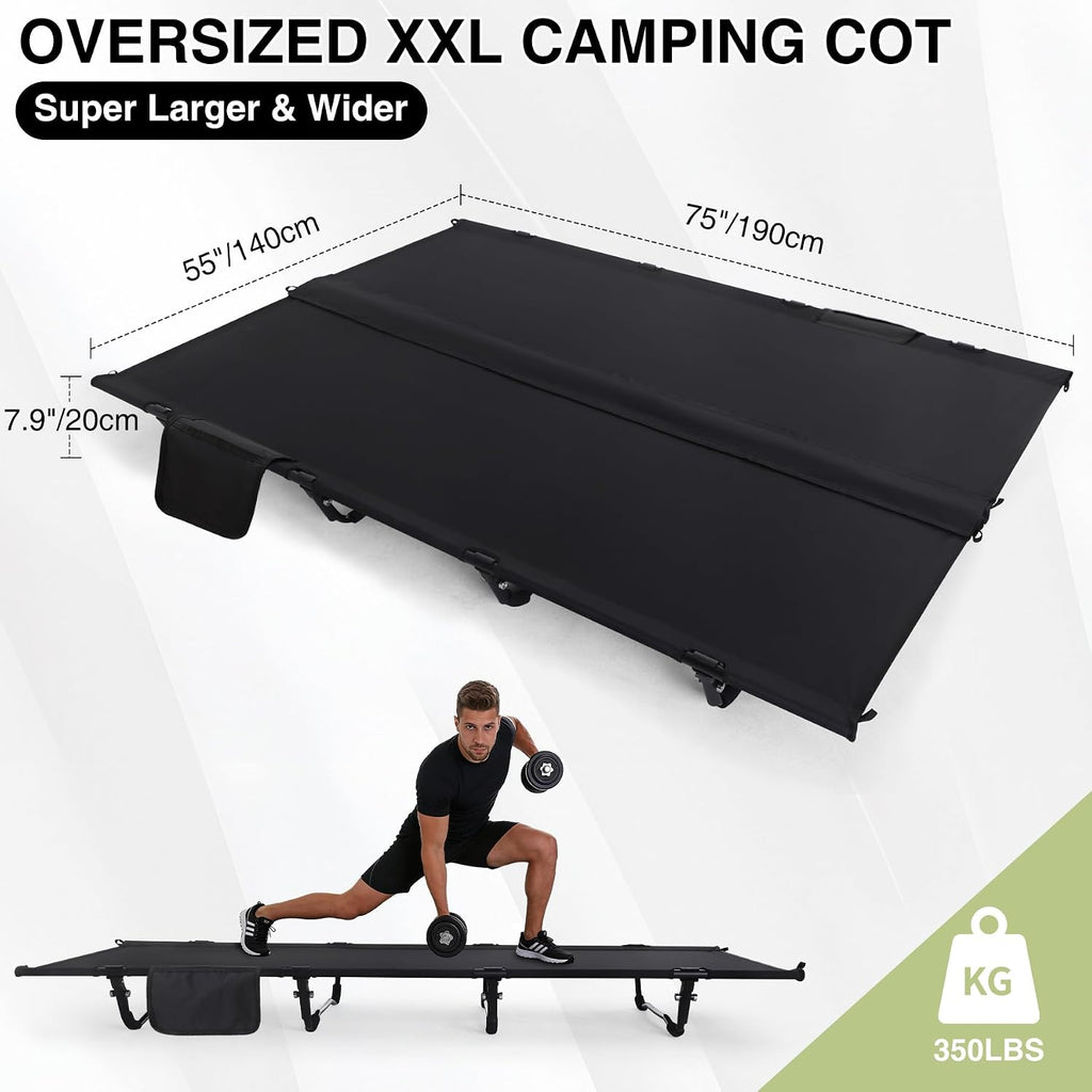 REDCAMP Ultra-Light Double Cot Bed for Adults 2 Person, 500lbs 55' W Heavy Duty XXL Camping Double Cot, Portable Folding Sleeping Cot for Indoor Office Outdoor, Black