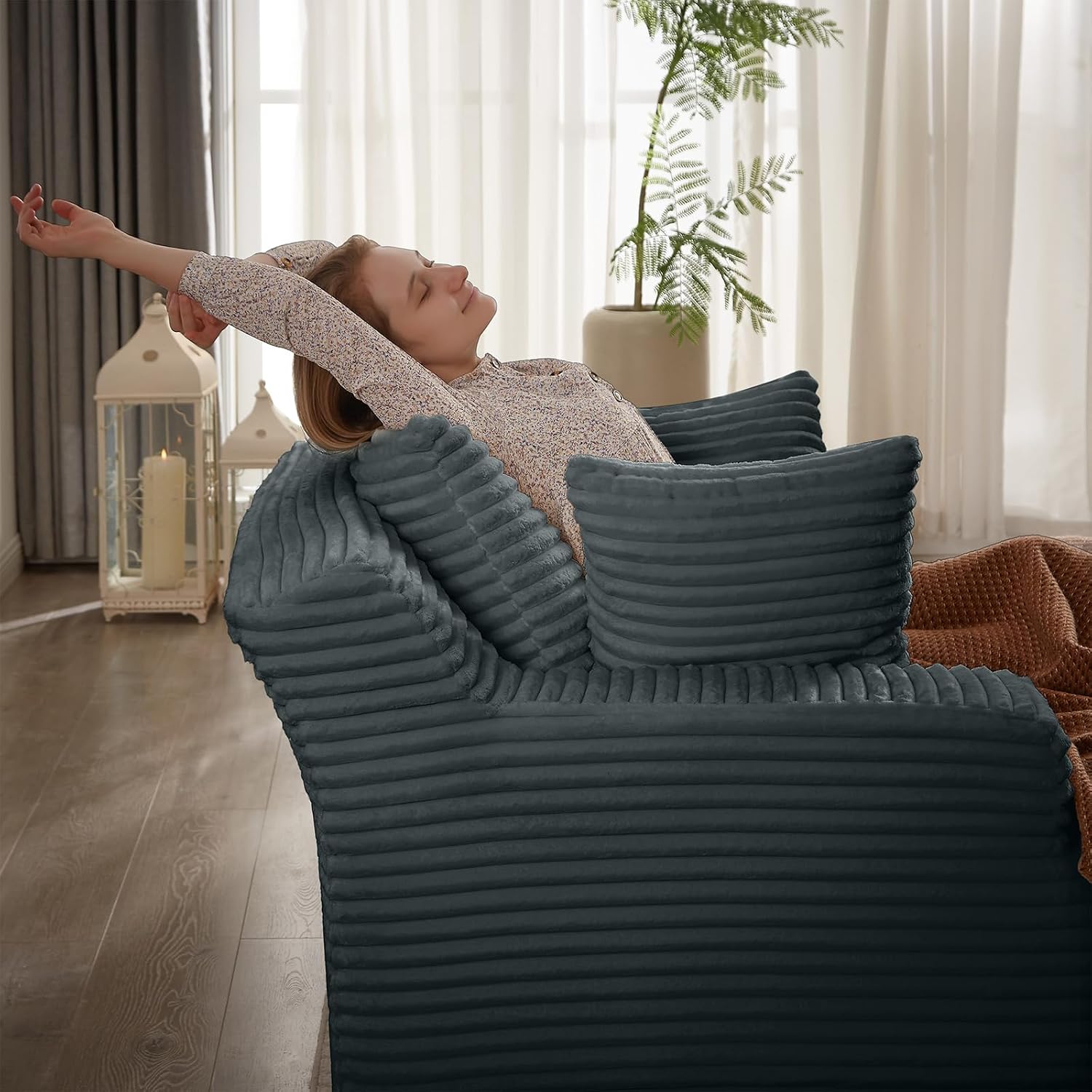 Oversized Chaise Lounge Chair Indoor, 66' Cloud Boneless Sleeper Couch Corduroy Upholstered Sofa Bed Deep Seat Comfy Reading Chair with 3 Pillows for Living Room Bedroom, Dark Grey