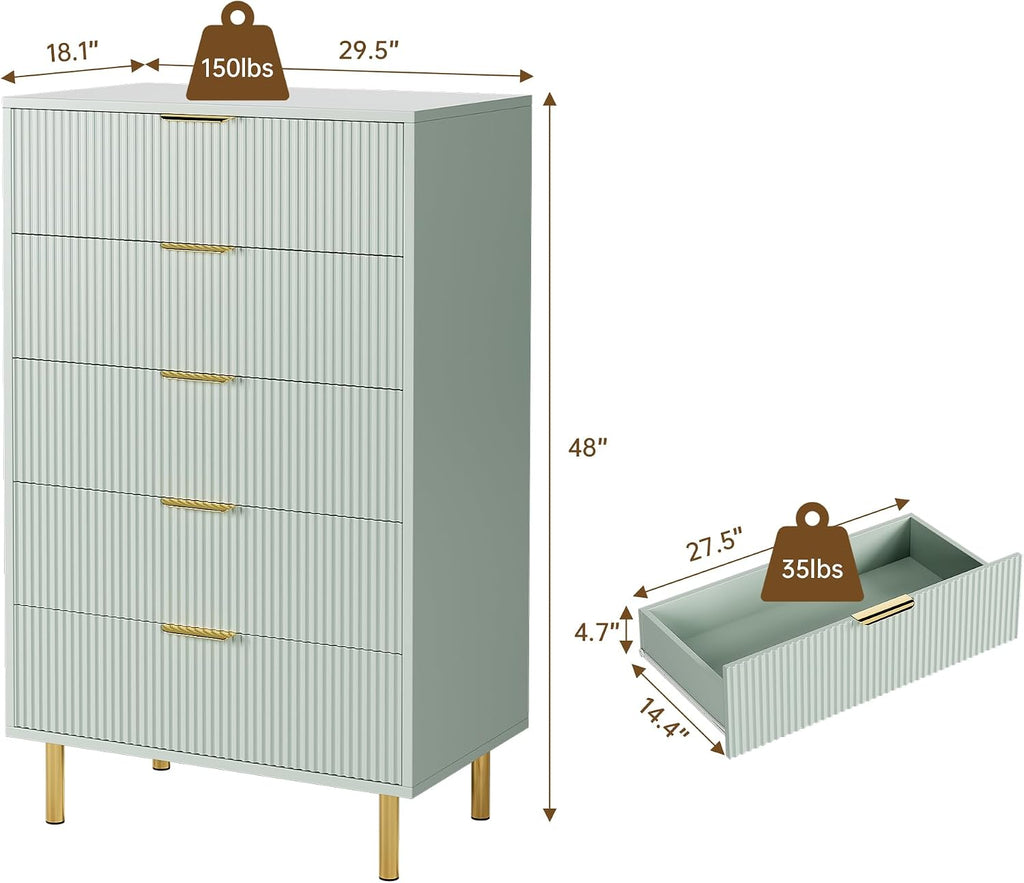 GarveeHome Green Dresser, Modern 5 Drawer Dresser for Bedroom with Gold Handle and Large Drawer, Wood Double Chest of Drawers and Storage Organizer for Living Room, Hallway, Entryway
