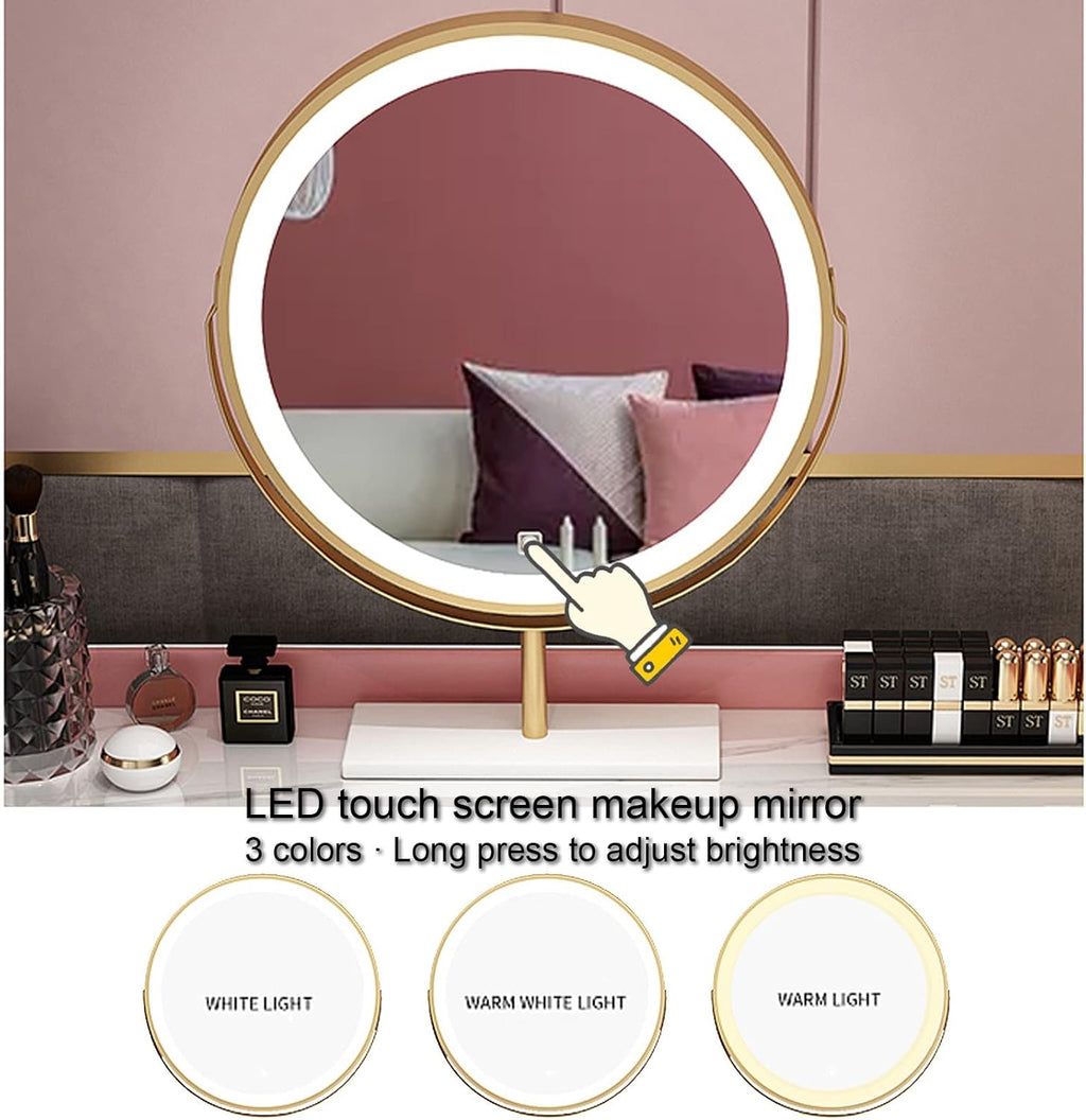 Dressing Table Makeup Vanity Table, with Adjustable LED Mirror 3 Color Lighting, Round Vanity Desk Bedside Table and Cushioned Stool Set, Bedroom Furniture Decor(White+Gray B-120cm/47.2in)