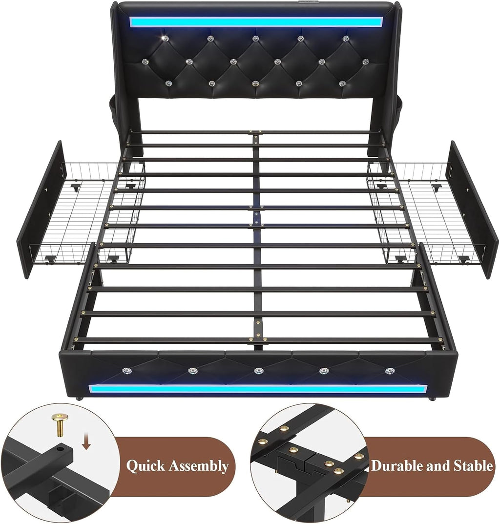 Queen Bed Frame with Storage Drawers and LED Lights/Charging Station, Modern Diamond Upholstered Platform Bed with Wingback Headboard, Wooden Slats Support, No Box Spring Needed (Black, Queen)