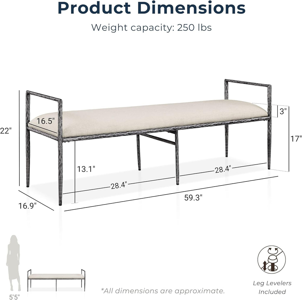24/7 Shop at Home Lalia Hammered Metal 3-Piece Bedroom Collection, Upholstered Bed Frame with Beige Fabric Headboard, Forged Steel, Bench and 1-Shelf Nightstand, Foundation Required, Full, Matte Grey