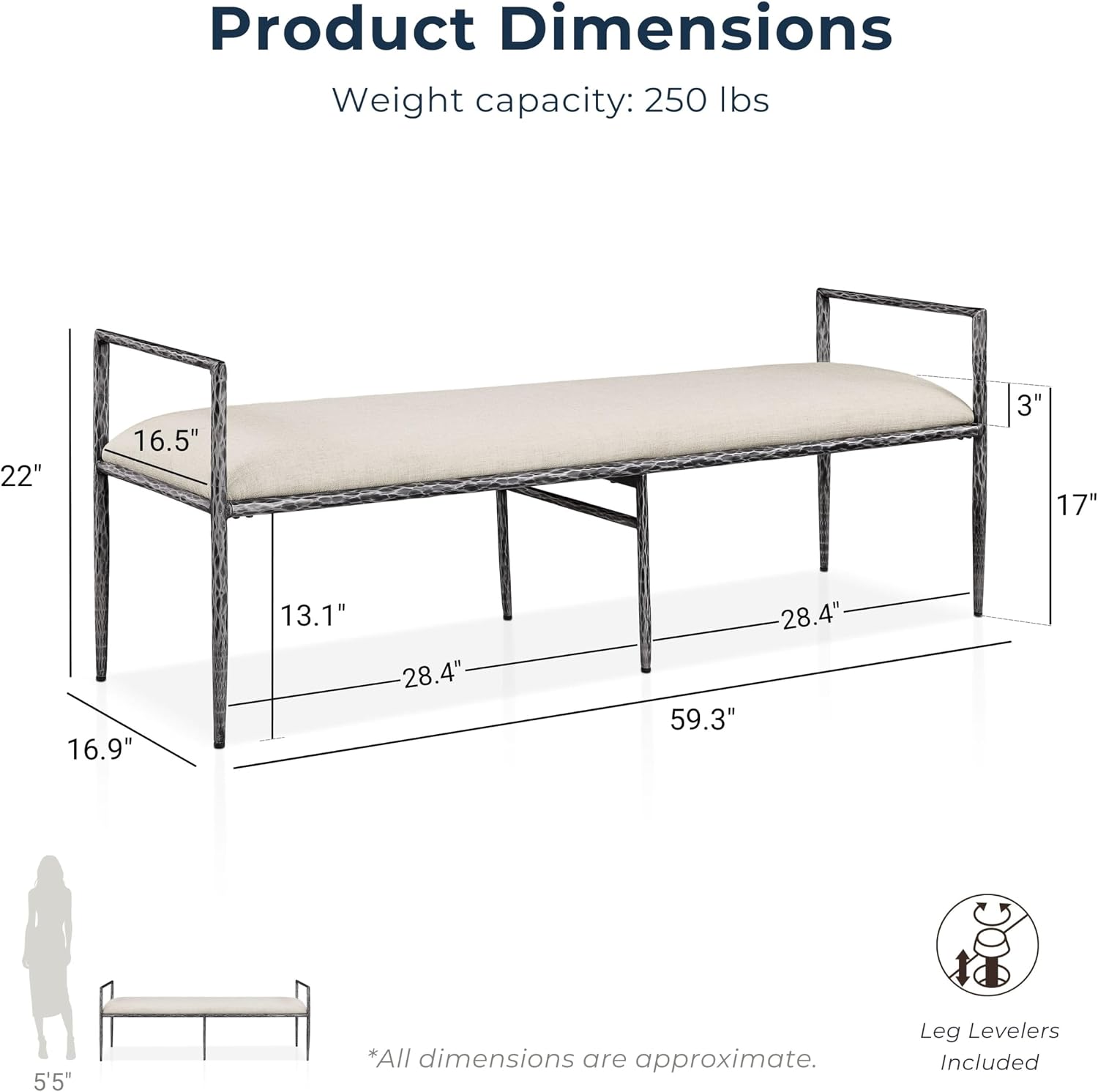 24/7 Shop at Home Lalia Hammered Metal 4-Piece Bedroom Collection, Upholstered Bed Frame with Beige Fabric Headboard, Bench and 1-Shelf Nightstands, Foundation Required, Full, Matte Grey