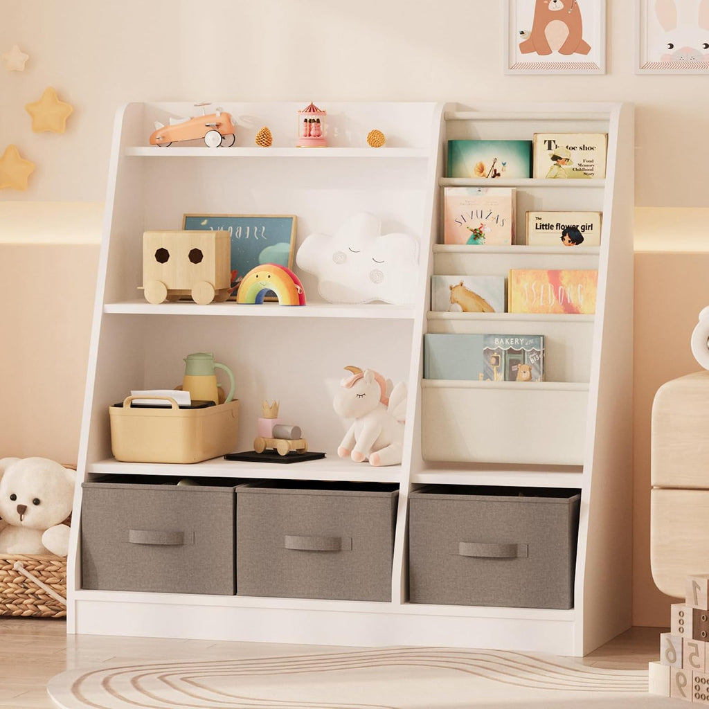 NACHES Kids Bookshelf and Toy Storage Organizer, Montessori Nursery Book Shelves with Sling Rack & Fabric Toy Bins, Toddler Baby Bookcase, Wooden Toy Shelf for Kids Room, Playroom, White-White
