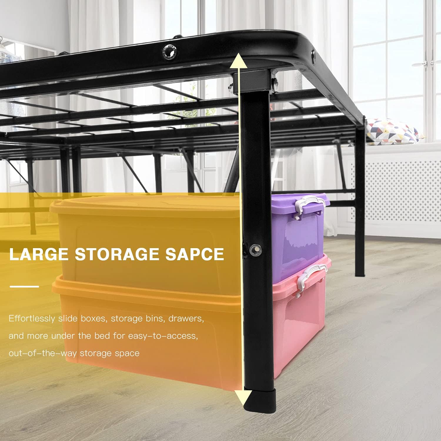FDW Queen Bed Frame Metal Bed Frame with Anti-Slip Support Easy Assembly No Box Spring Needed Underbed Storage Black