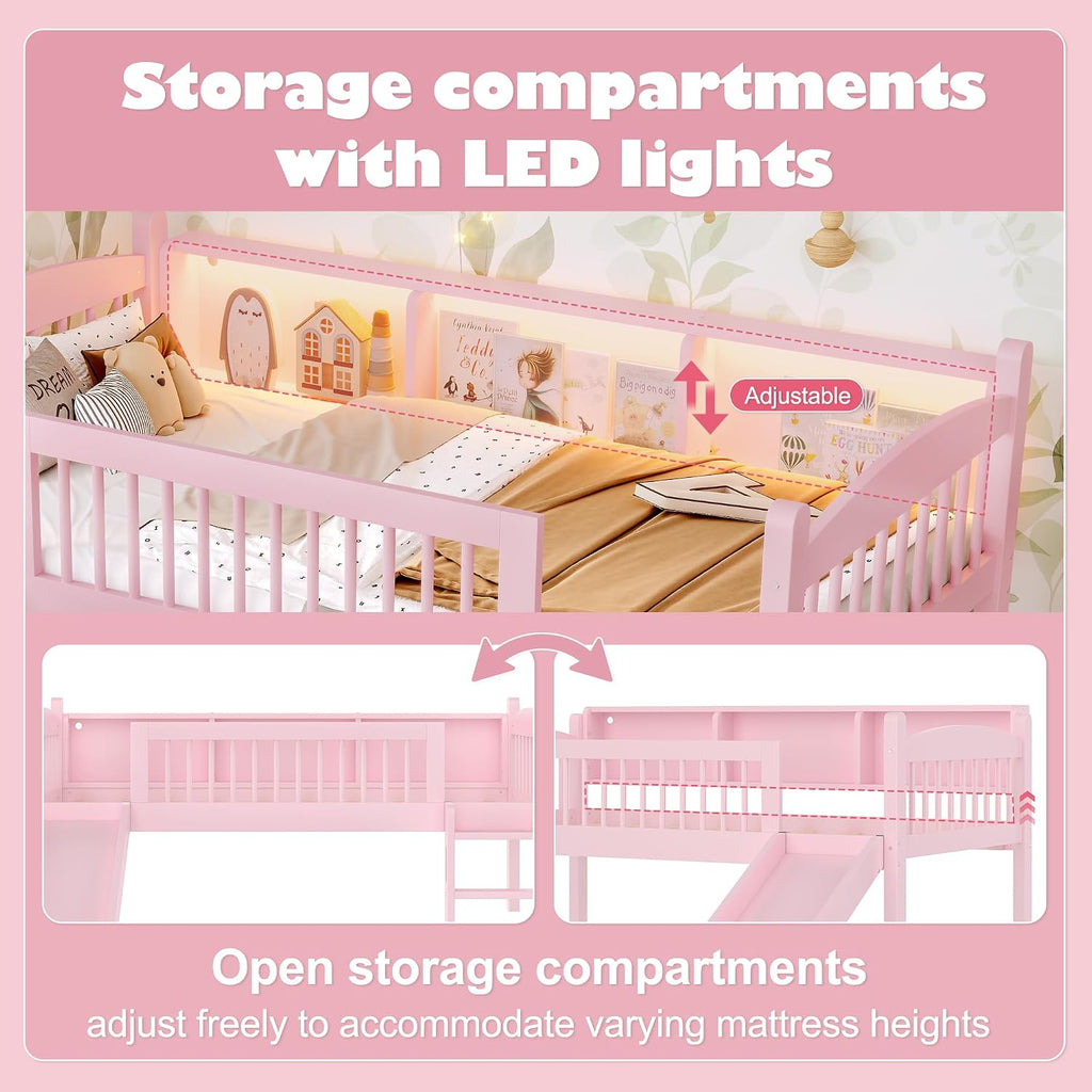 JIVOIT Twin XL Loft Bed with Storage Shelves, Solid Wood Lower Loft Bed with Full-Length Guardrails, Wood Slats Support, Space-Saving Design, No Box Spring Needed (Pink,Twin XL,51)