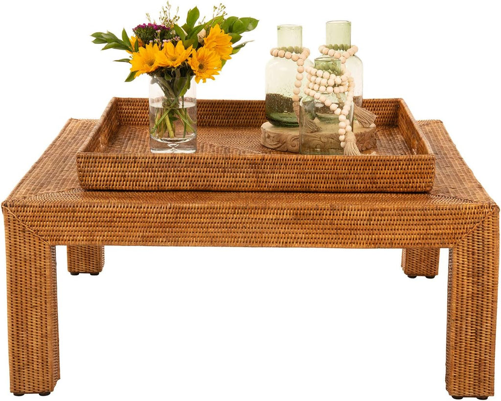 KOUBOO La Jolla Rattan Tray, Square Woven Tray - Decorative Coffee Table, Breakfast Tray, Home Decor Basket Style, Extra Large, Honey-Brown