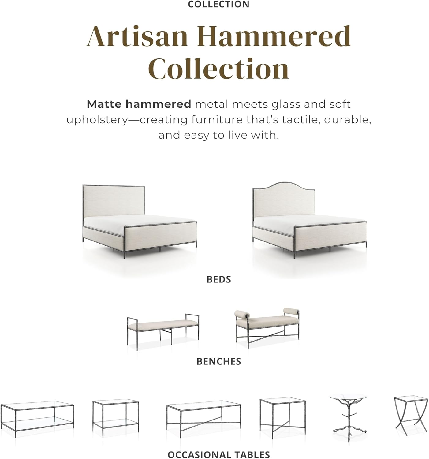 24/7 Shop at Home Lalia Hammered Metal 3-Piece Bedroom Collection, Upholstered Bed Frame with Beige Fabric Headboard, Forged Steel and 1-Shelf Nightstands, Foundation Required, Full, Matte Grey