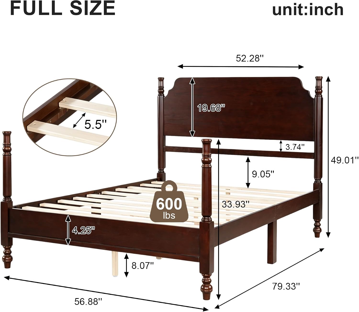Merax Vintage Wood Spindle Post Bed with Headboard, Full Size Traditional Platform Bed Frame/No Box Spring Needed/Easy Assemble, Dark Walnut