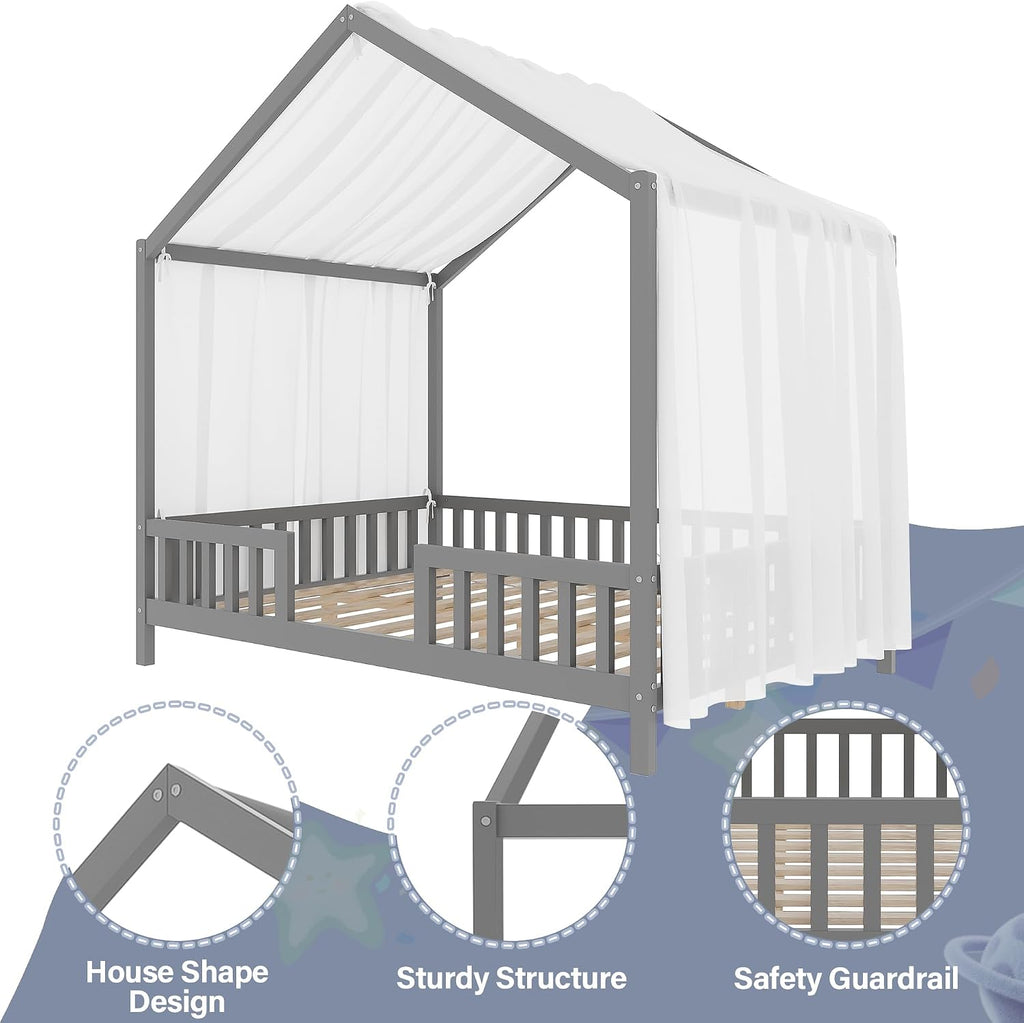 Full Montessori House Bed with High Rails, Wood Low House Floor Bed with Roof & Canopy, Full House Beds Frame for Girls Boys, No Box Spring Needed, Gray