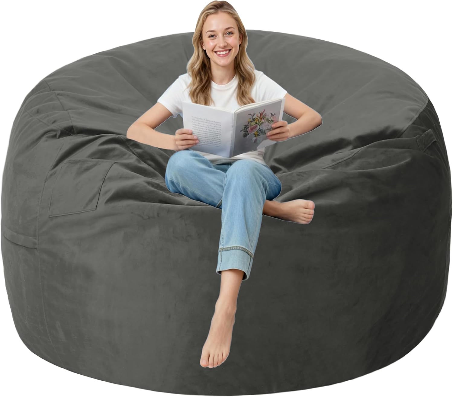 6FT Bean Bag Chair with Ultra Soft Velvet Cover Bean Bag Sofa with Memory Foam Bean Bag Chairs with Large Size Lazy Sofa for Dorm Office Living Room Bedroom Grey 6'