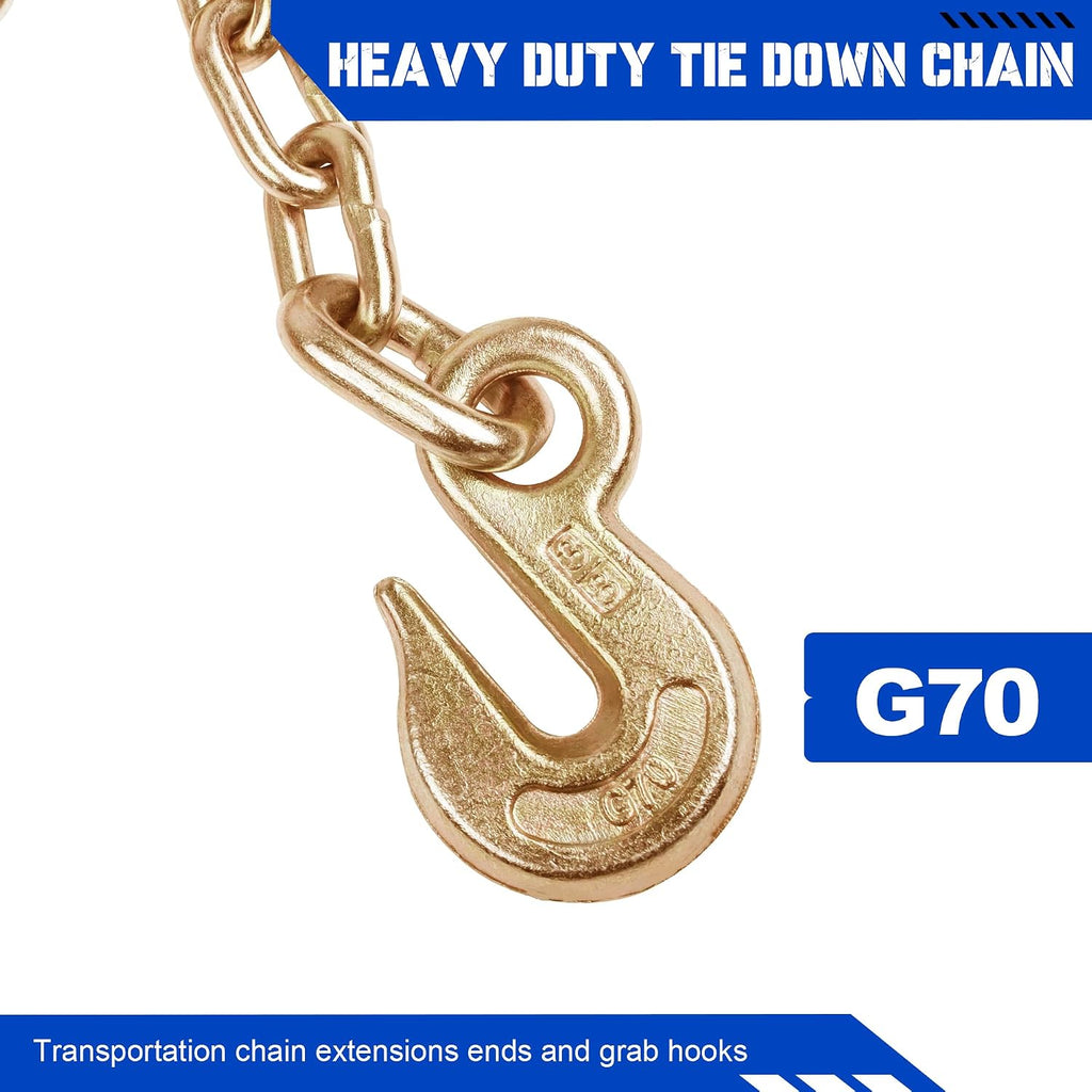 Chain Ratchet Straps 2 Inch x 27 Foot, 4 Pack, Heavy Duty Ratchet Straps with Chain Anchors & Grab Hooks, 10,000 lbs Break Strength,Heavy Equipment Tie-Downs, Cargo Tie Down