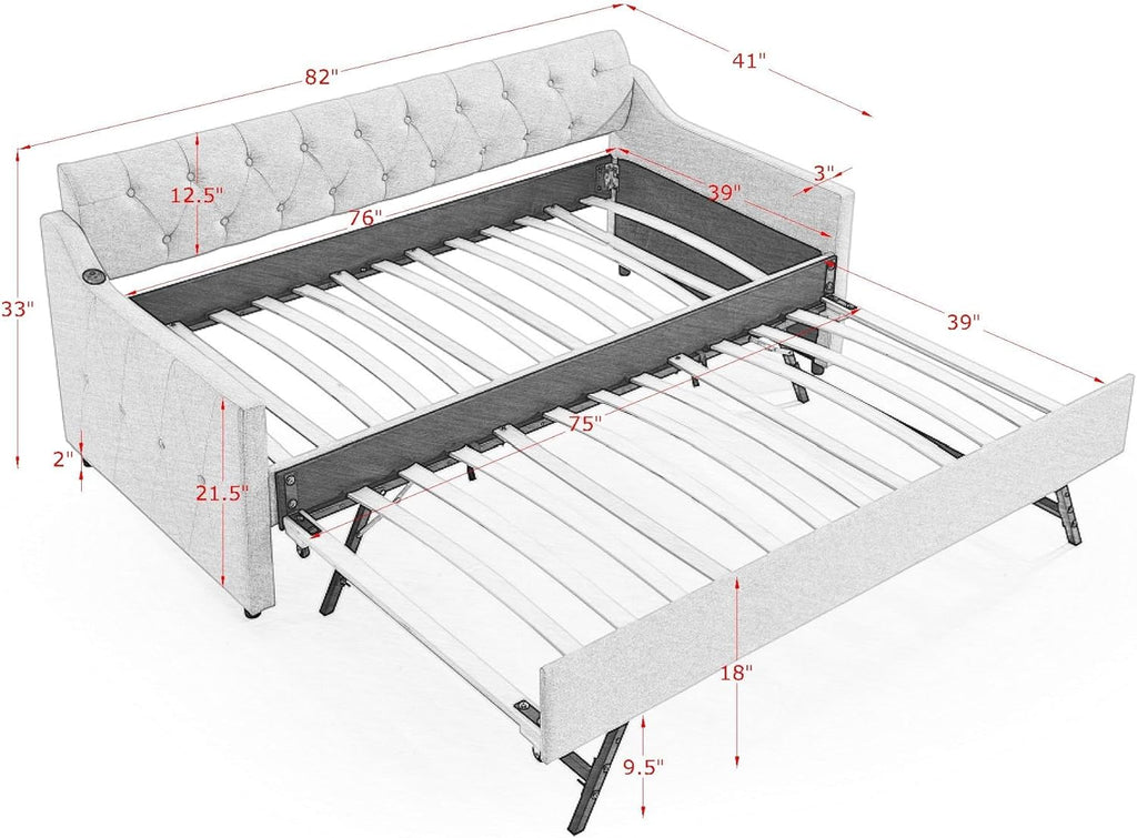 Ball & Cast Twin Size Daybed with Pop Up Trundle, Button Tufted Linen Sofa Day Bed Frame with USB Port,Twin to King Trundle Bed for Bedroom, Living Room, No Box Spring Needed,Beige