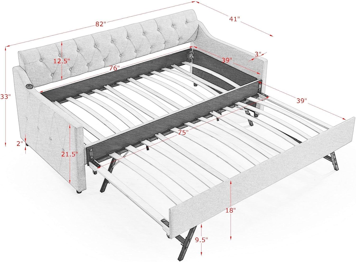 Ball & Cast Twin Size Daybed with Pop Up Trundle, Button Tufted Linen Sofa Day Bed Frame with USB Port,Twin to King Trundle Bed for Bedroom, Living Room, No Box Spring Needed,Beige