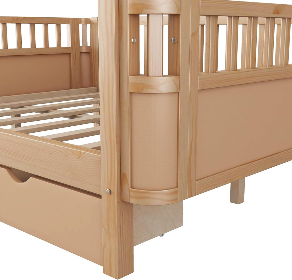 Harper & Bright Designs Full Size Low Platform Bed Frame, Daybed with Fence and Drawers, Low Profile Bed for Kids Bed Room, Natural