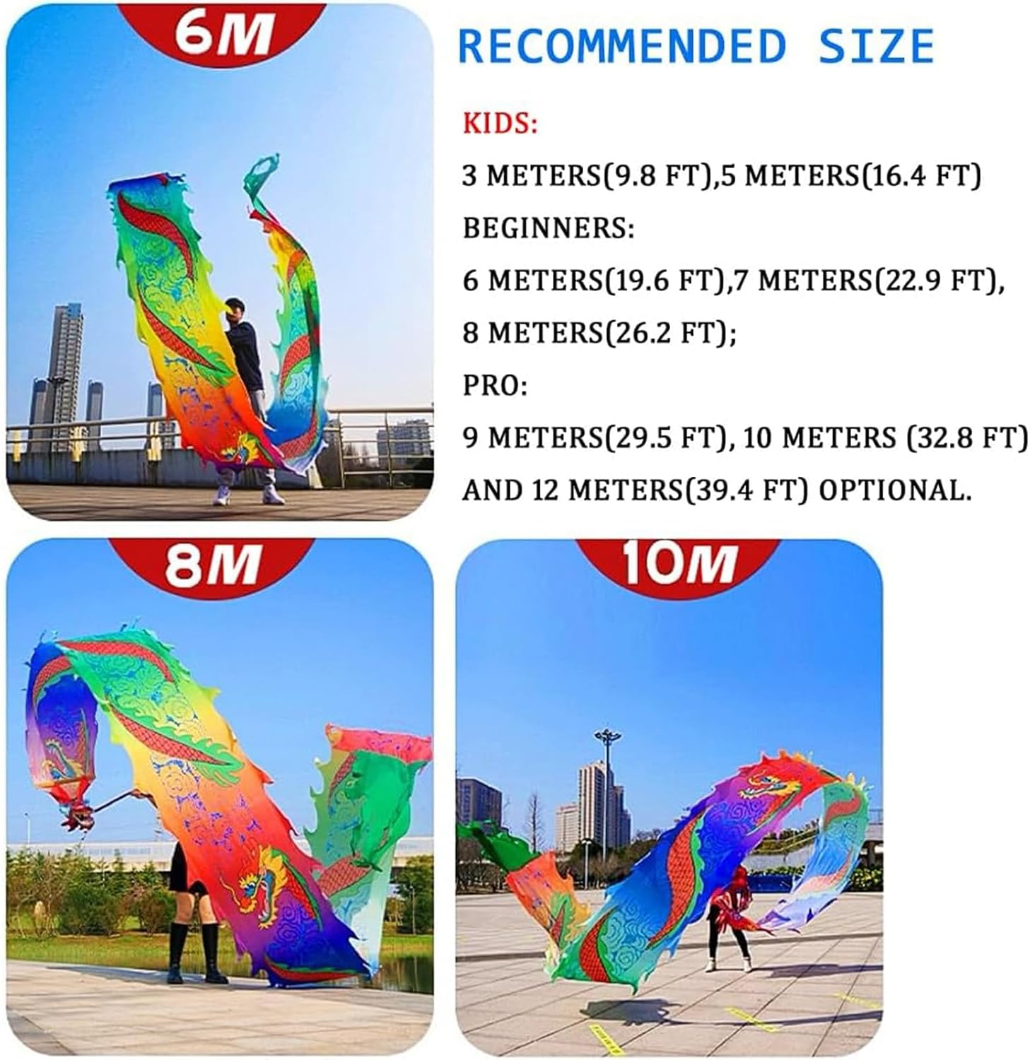 OVARIA Dragon Dance Fitness Ribbon 3D Dragon Head and Swing Rope Combo Chinese Wulong Flowy Ribbon Streamer Outdoor Fitness Dragon Stage Prop Set(Rainbow,33ft)