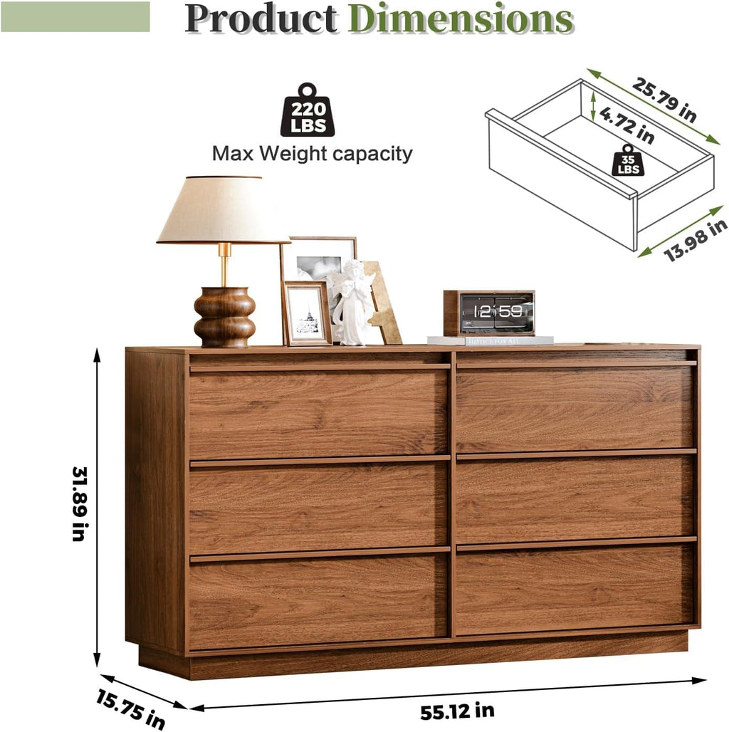 Ieejdn 55.12' Modern Chest of Drawer, 6 Deep Drawers,Clothes Organizer,Large Storage Cabinet for Living Room, Bedroom,Dresser TV Stand, Wood Drawer Organizer for Living Room, Hallway, Brown