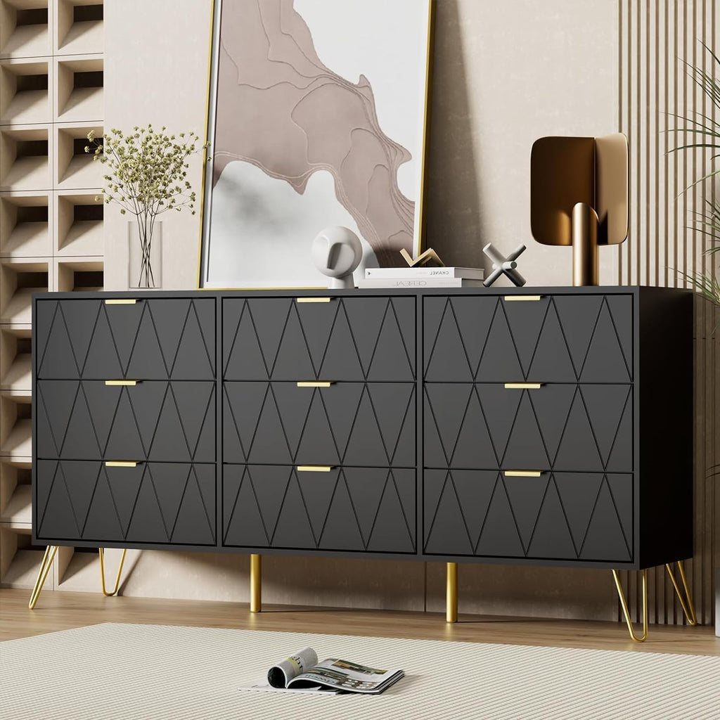 UEV Black Dresser for Bedroom,Modern 9 Drawer Triple Dresser with Gold Accents,Long Storage Organizer for TV Stand & Closet,Large Chest of Drawers for Living Room,Hallway,Entryway