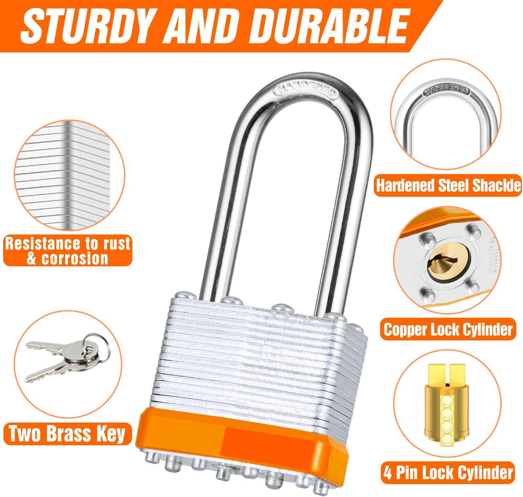 48Pcs Padlocks with Same Keys,Laminated Steel Orange Silver(1-9/16',40mm),Long Shackle for Sheds,Gates,Fences,Toolbox,Outdoor and Indoor Use