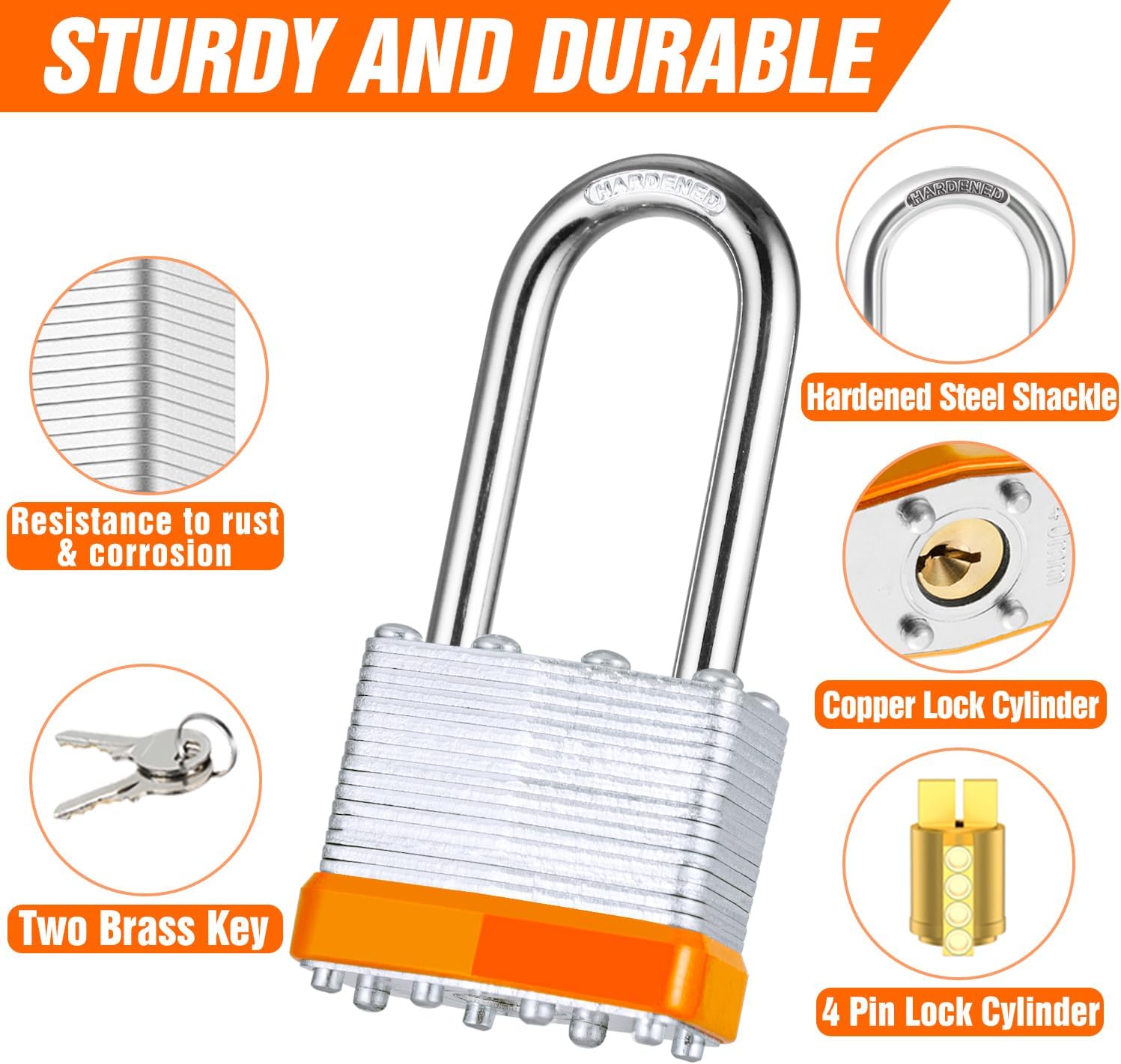 48Pcs Padlocks with Same Keys,Laminated Steel Orange Silver(1-9/16',40mm),Long Shackle for Sheds,Gates,Fences,Toolbox,Outdoor and Indoor Use