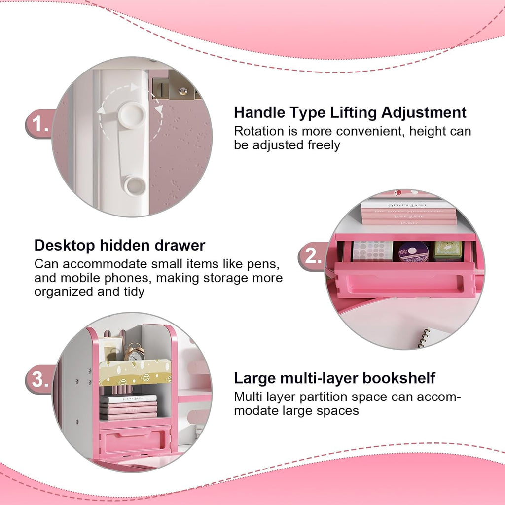 Kids Desk and Chair Set, Height Adjustable Study Desk for Kids Ages 3–12, Easy-Turn Crank Ergonomic Desk with 50° Tiltable Desktop, Storage Drawer & Bookshelf (015-Pink)