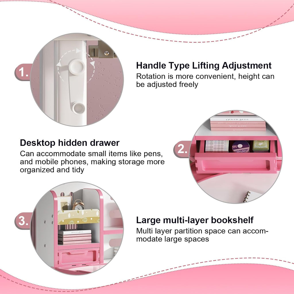 Kids Desk and Chair Set, Height Adjustable Study & Art Desk for Kids Ages 3-12, Easy Crank Adjustable Desk, 0-50° Tilting Desktop, Storage Drawer, Bookshelf, Ergonomic Chair (Pink)
