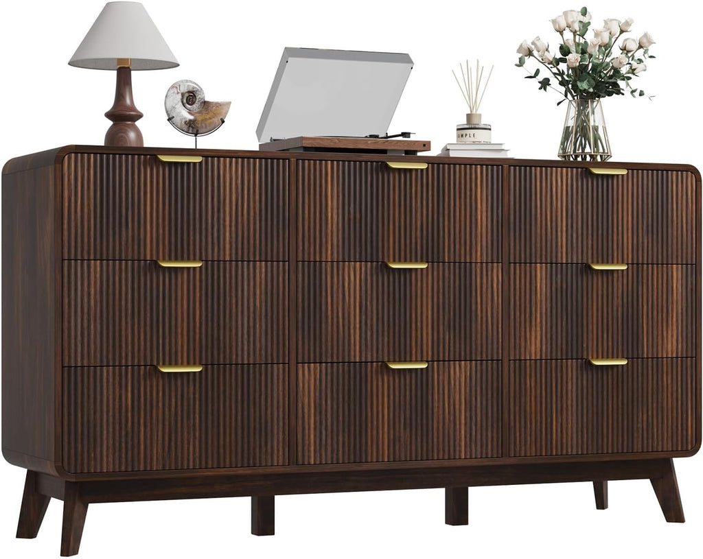 QUW Fluted 59.1' Wide Modern Dresser for Bedroom with 9 Drawers, Tall Chest of Drawers with Metal Handle, Wooden Dresser TV Stand, Hallway, Living Room, Dark Walnut