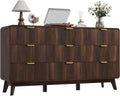 QUW Fluted 59.1' Wide Modern Dresser for Bedroom with 9 Drawers, Tall Chest of Drawers with Metal Handle, Wooden Dresser TV Stand, Hallway, Living Room, Dark Walnut