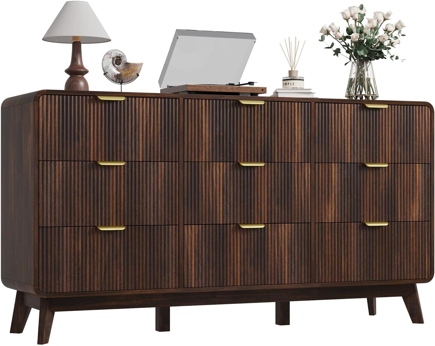 QUW Fluted 59.1' Wide Modern Dresser for Bedroom with 9 Drawers, Tall Chest of Drawers with Metal Handle, Wooden Dresser TV Stand, Hallway, Living Room, Dark Walnut
