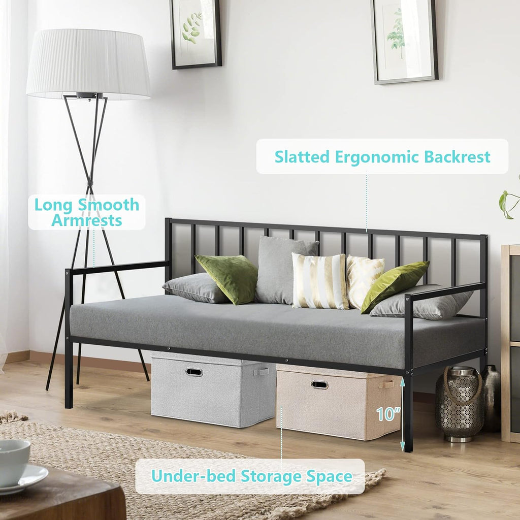 COSTWAY Twin Size Daybed and Trundle, Metal Frame Daybed and Roll Out Trundle w/Steel Slat Support & 4 Lockable Casters, Heavy-Duty Daybed for Guest Room, Bedroom (Black)