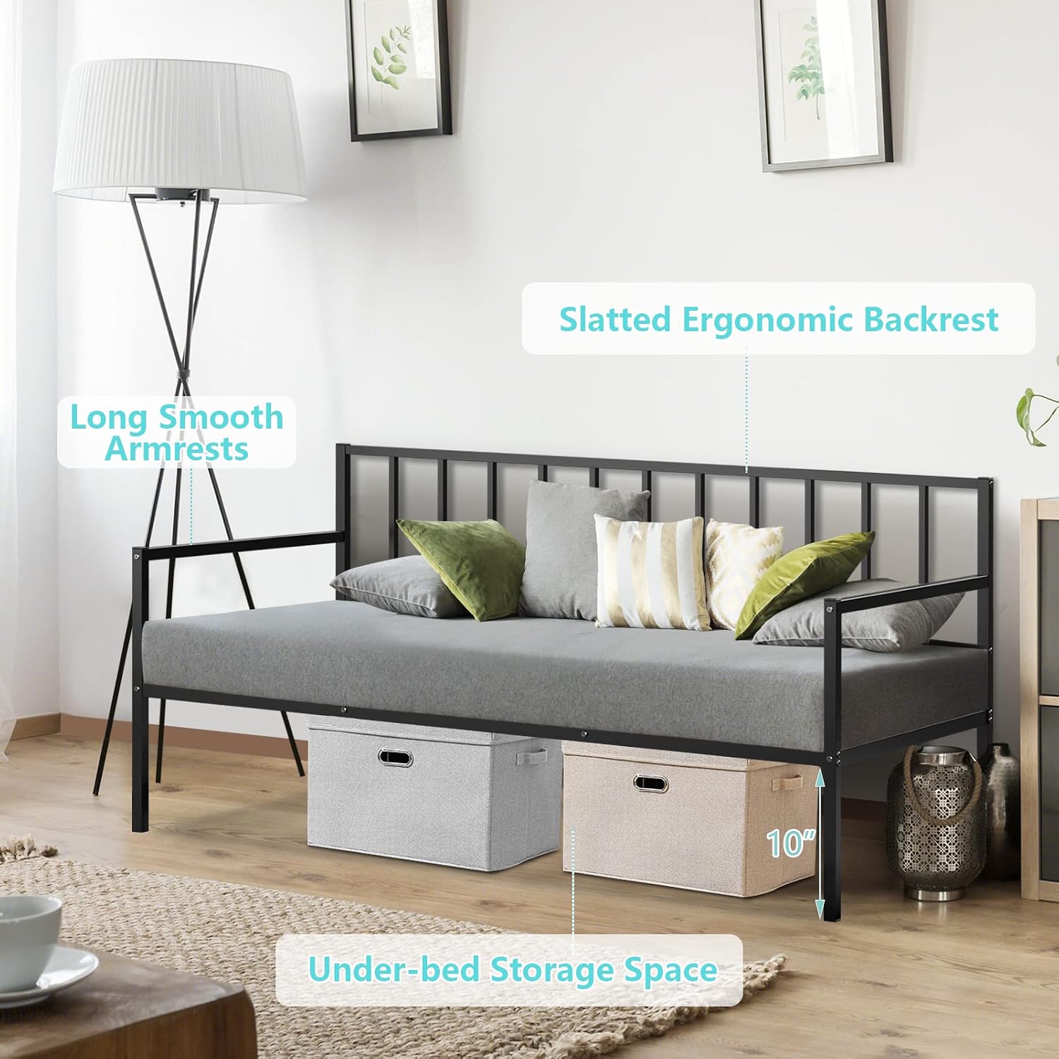 COSTWAY Twin Size Daybed and Trundle, Metal Frame Daybed and Roll Out Trundle w/Steel Slat Support & 4 Lockable Casters, Heavy-Duty Daybed for Guest Room, Bedroom (Black)