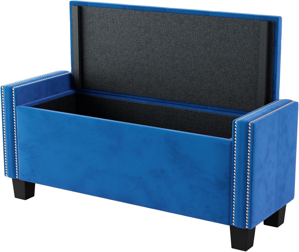 Full of Luxury 4-Pieces Bedroom Sets Queen Size Upholstered Bed Frame with Rivet Design,2 Nightstands and A Tufted Storage Ottoman for Girls,Boys,Kids,Teens, Adults (Blue-@A)